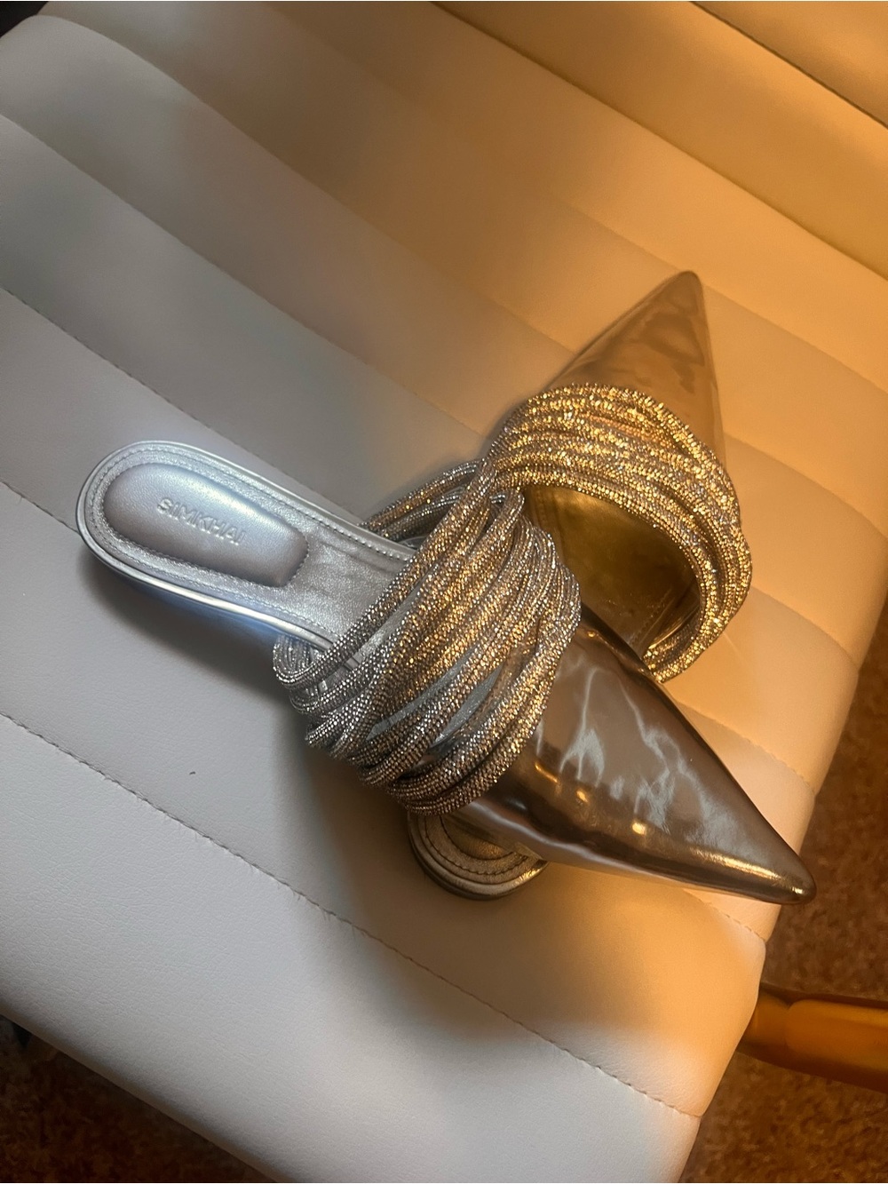 Shiny Silver Pointed-Toe Leather Mules with Crystal Trim - Picture 6 of 6